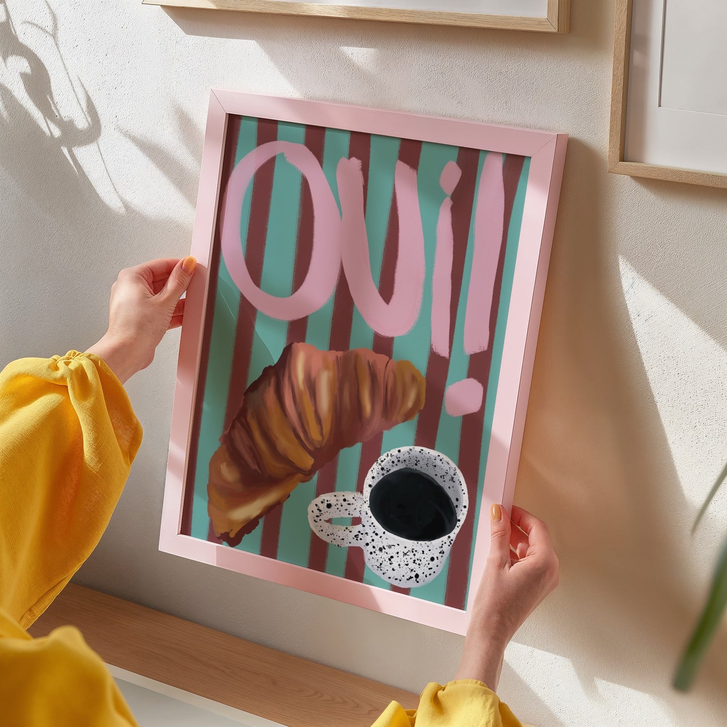 "Oui" Croissant & Coffee, Striped Background Print- Digital Product