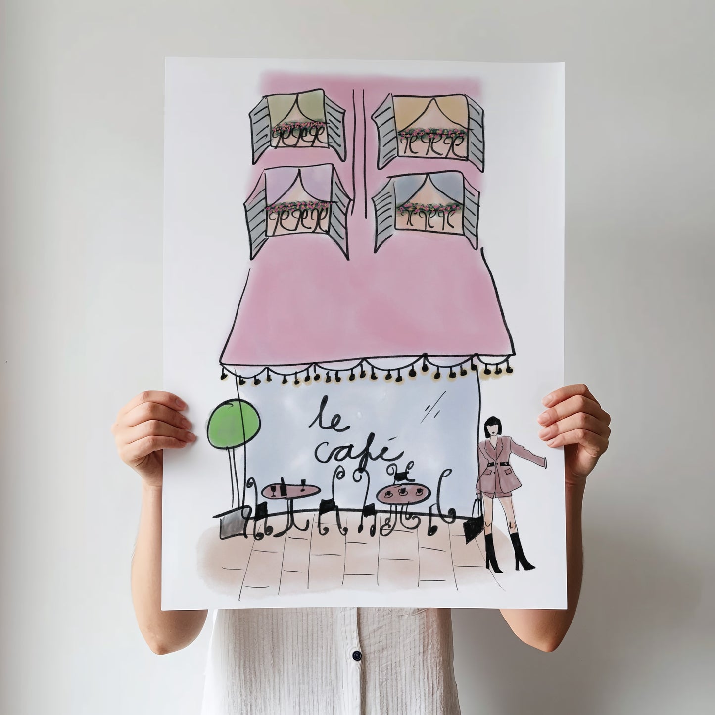Watercolor Pink French Coffee Shop Sketch Style Print - Digital Product