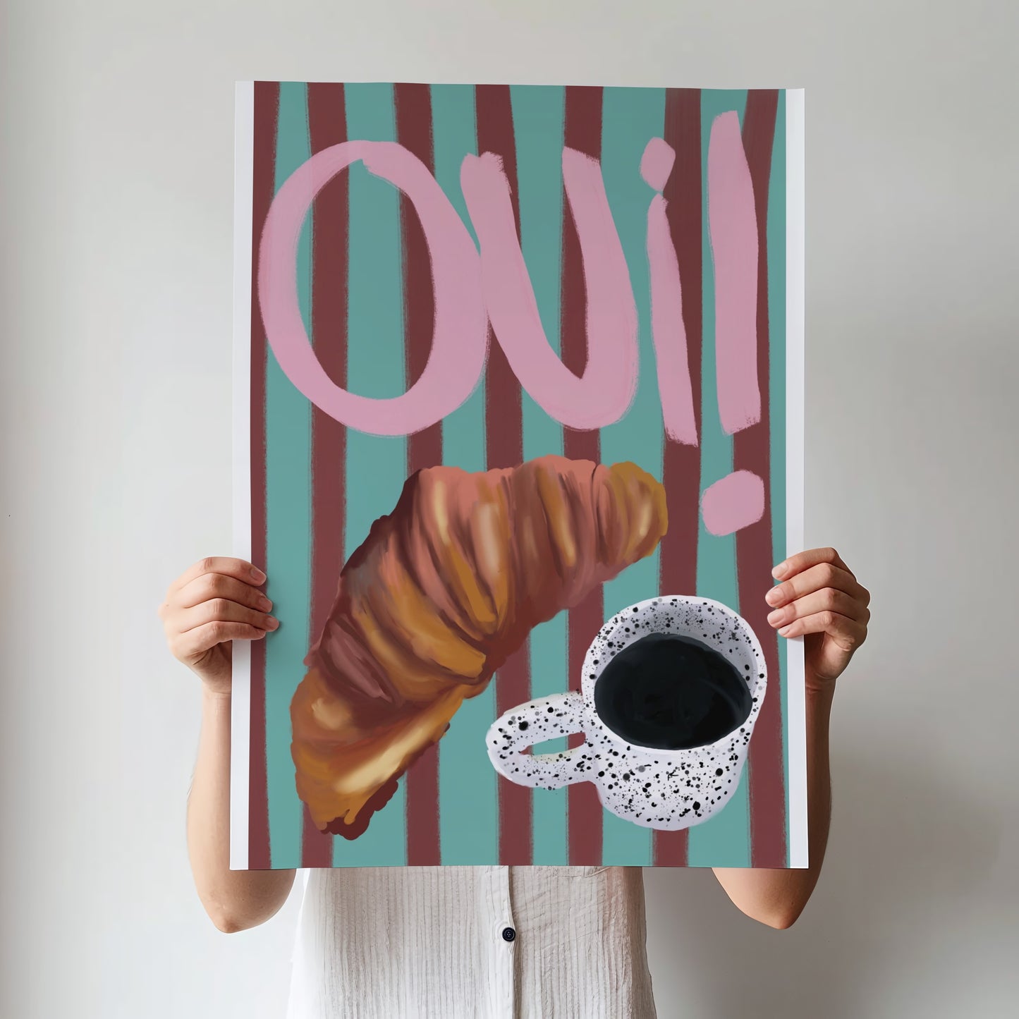 "Oui" Croissant & Coffee, Striped Background Print- Digital Product