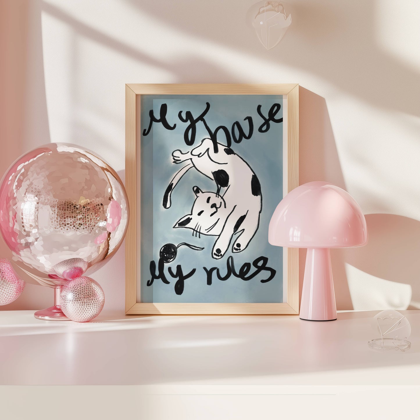 Lounging cat illustration with “My House My Rules” - Digital Product