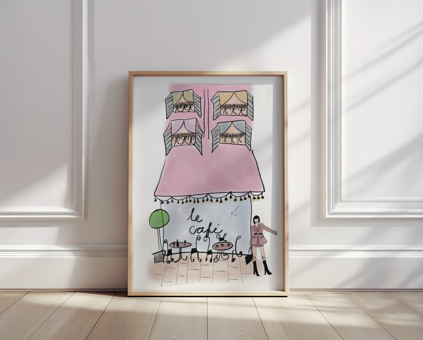 Watercolor Pink French Coffee Shop Sketch Style Print - Digital Product