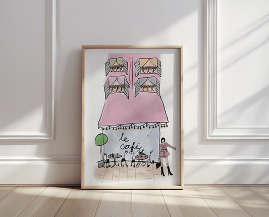 Watercolor Pink French Coffee Shop Sketch Style Print - Digital Product