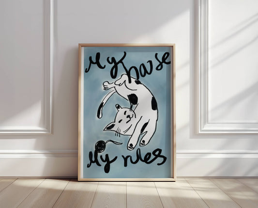 Lounging cat illustration with “My House My Rules” - Digital Product