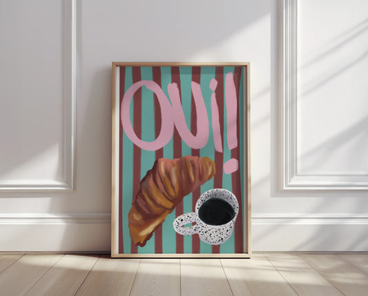 "Oui" Croissant & Coffee, Striped Background Print- Digital Product