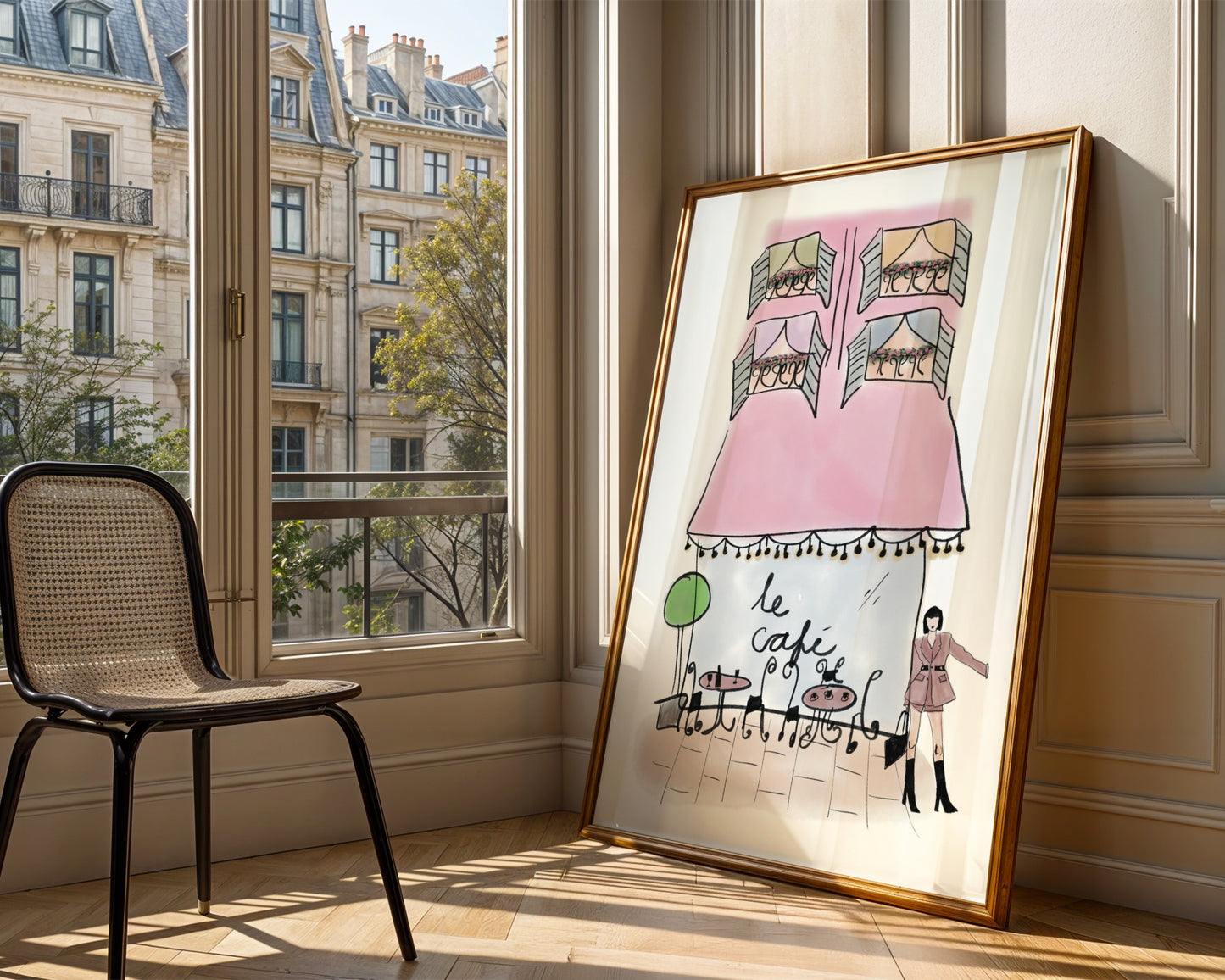 Watercolor Pink French Coffee Shop Sketch Style Print - Digital Product