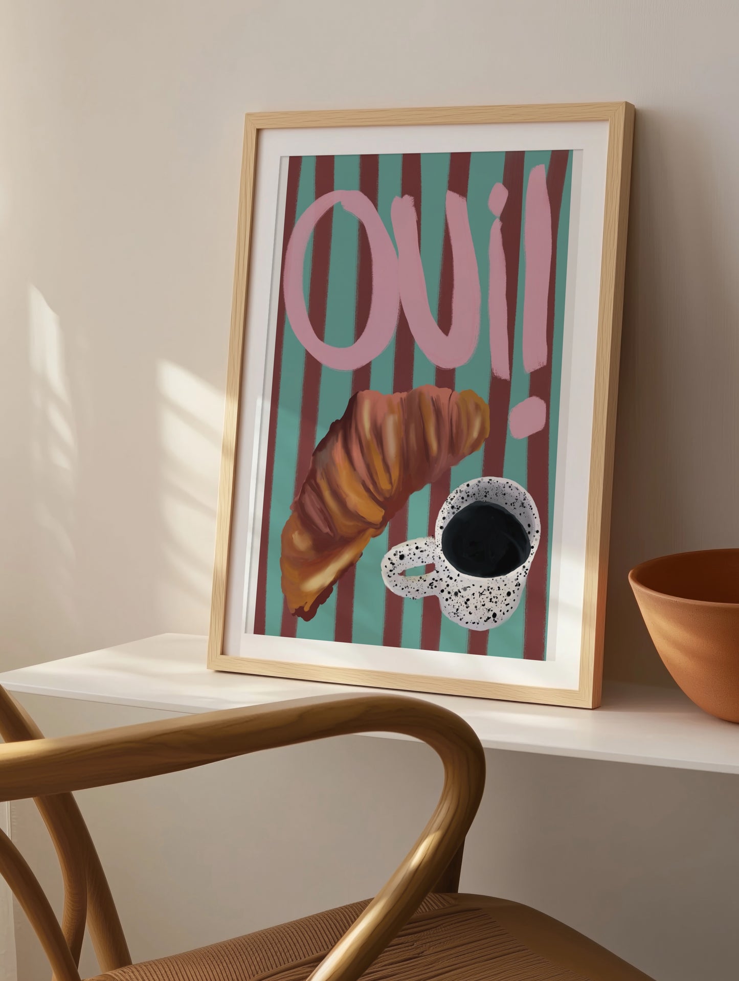 "Oui" Croissant & Coffee, Striped Background Print- Digital Product