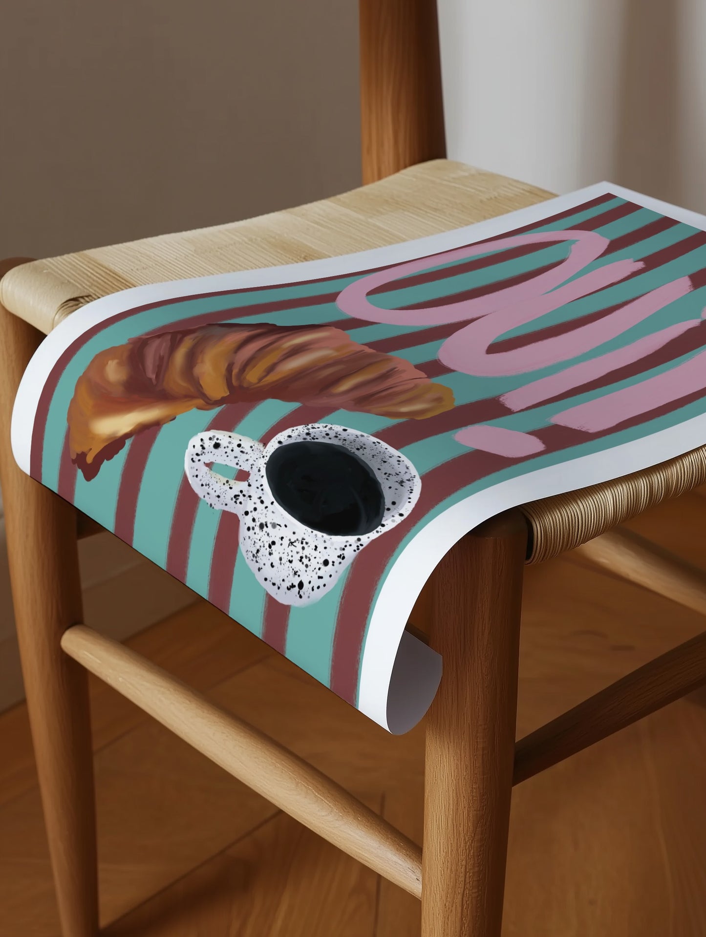 "Oui" Croissant & Coffee, Striped Background Print- Digital Product
