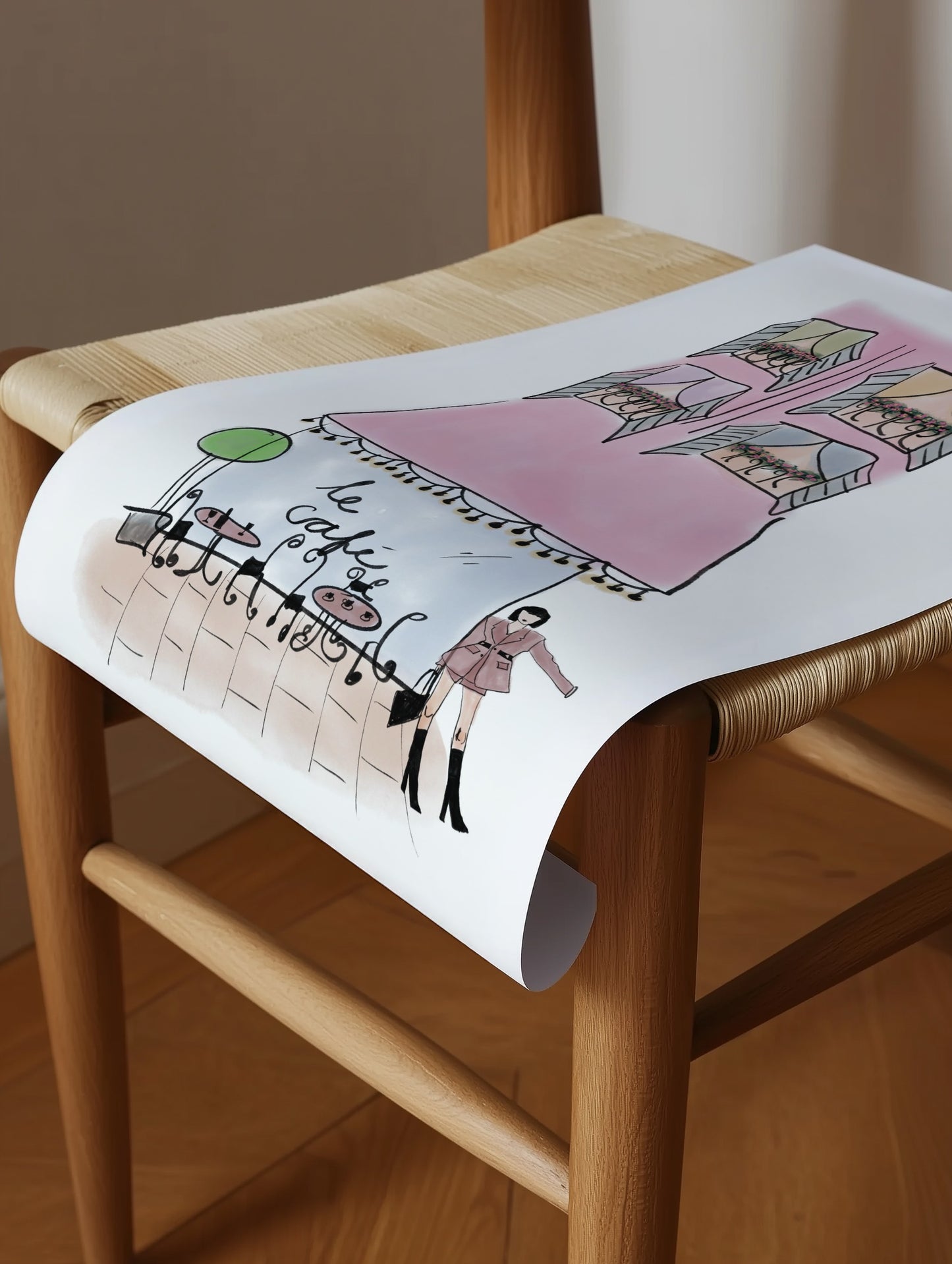 Watercolor Pink French Coffee Shop Sketch Style Print - Digital Product