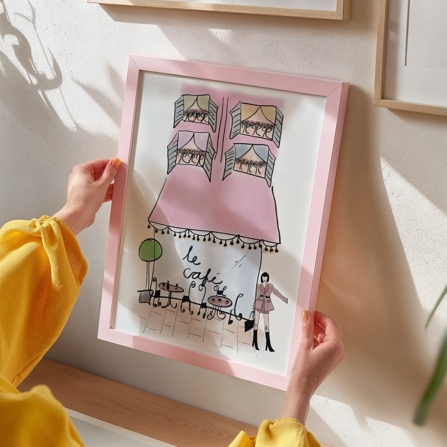 Watercolor Pink French Coffee Shop Sketch Style Print - Digital Product