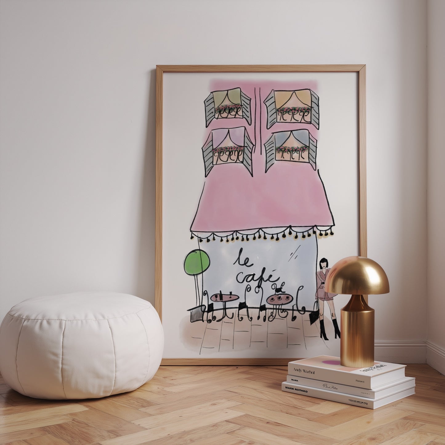 Watercolor Pink French Coffee Shop Sketch Style Print - Digital Product