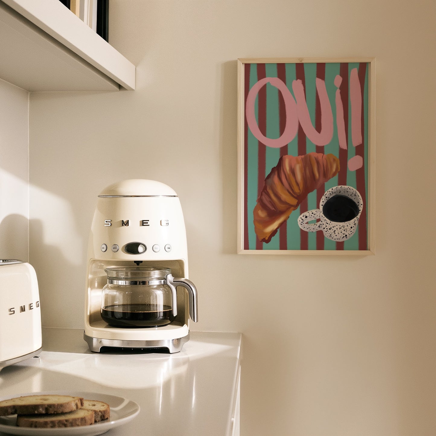 "Oui" Croissant & Coffee, Striped Background Print- Digital Product