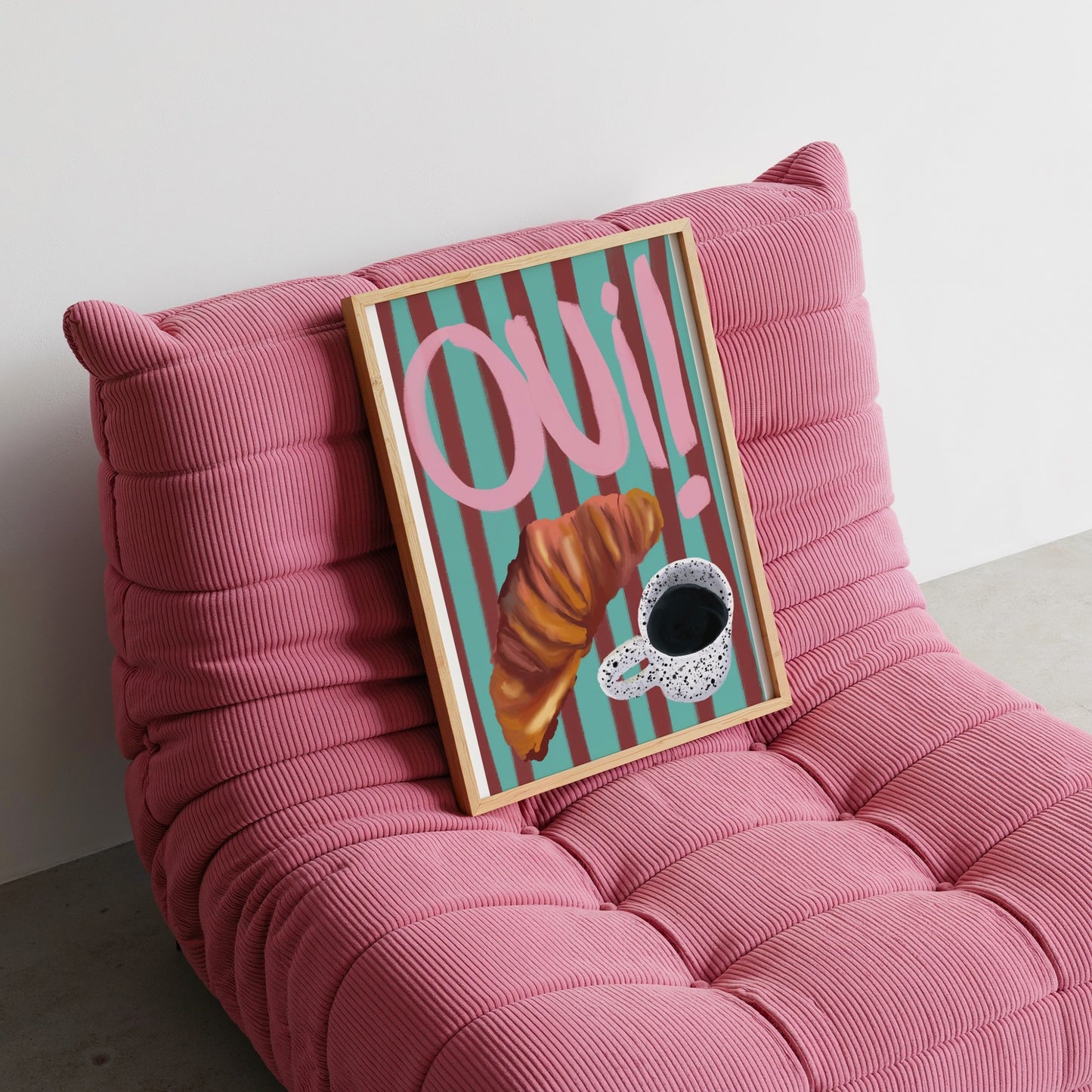 "Oui" Croissant & Coffee, Striped Background Print- Digital Product