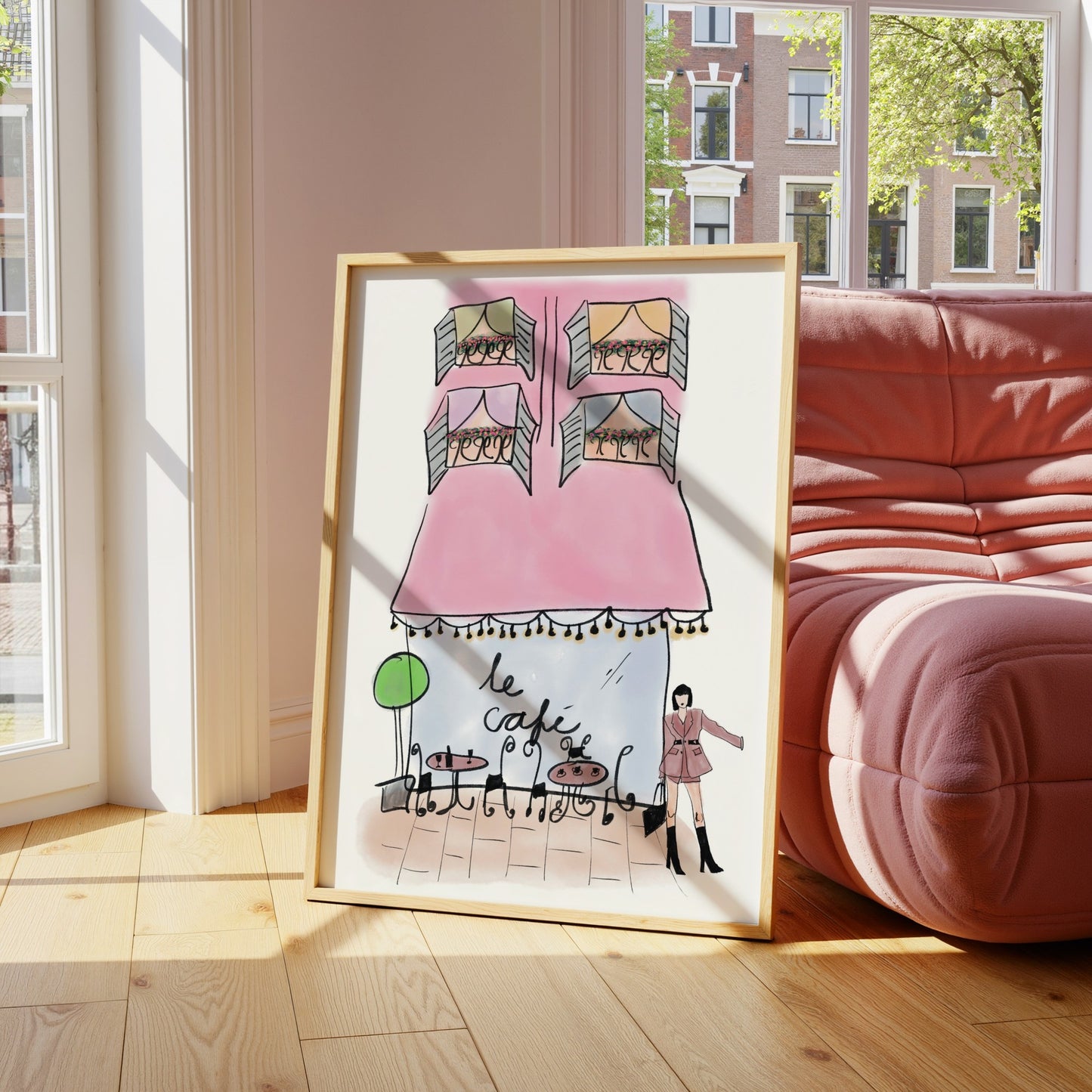 Watercolor Pink French Coffee Shop Sketch Style Print - Digital Product