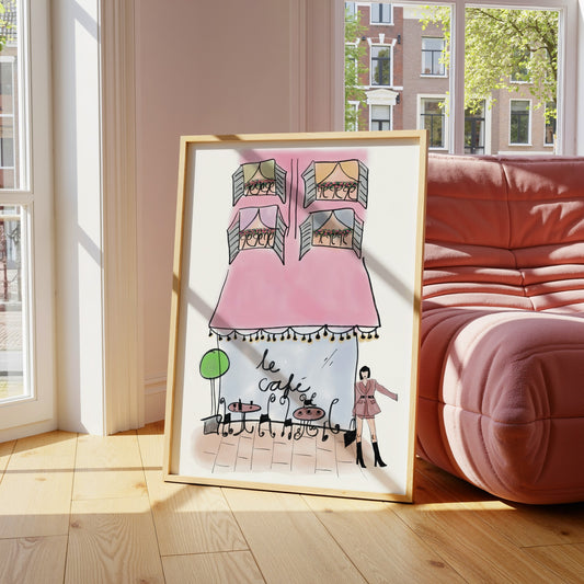 Watercolor Pink French Coffee Shop Sketch Style Print - Digital Product