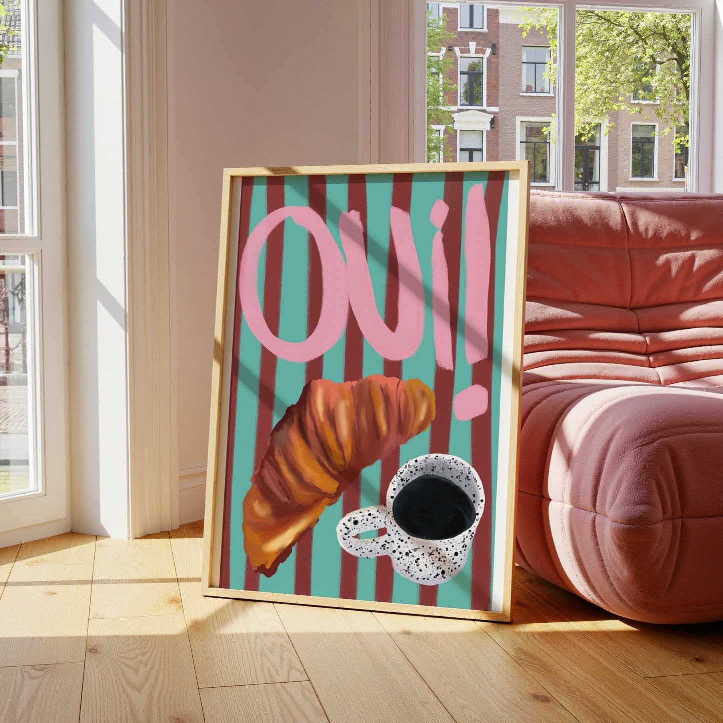 "Oui" Croissant & Coffee, Striped Background Print- Digital Product