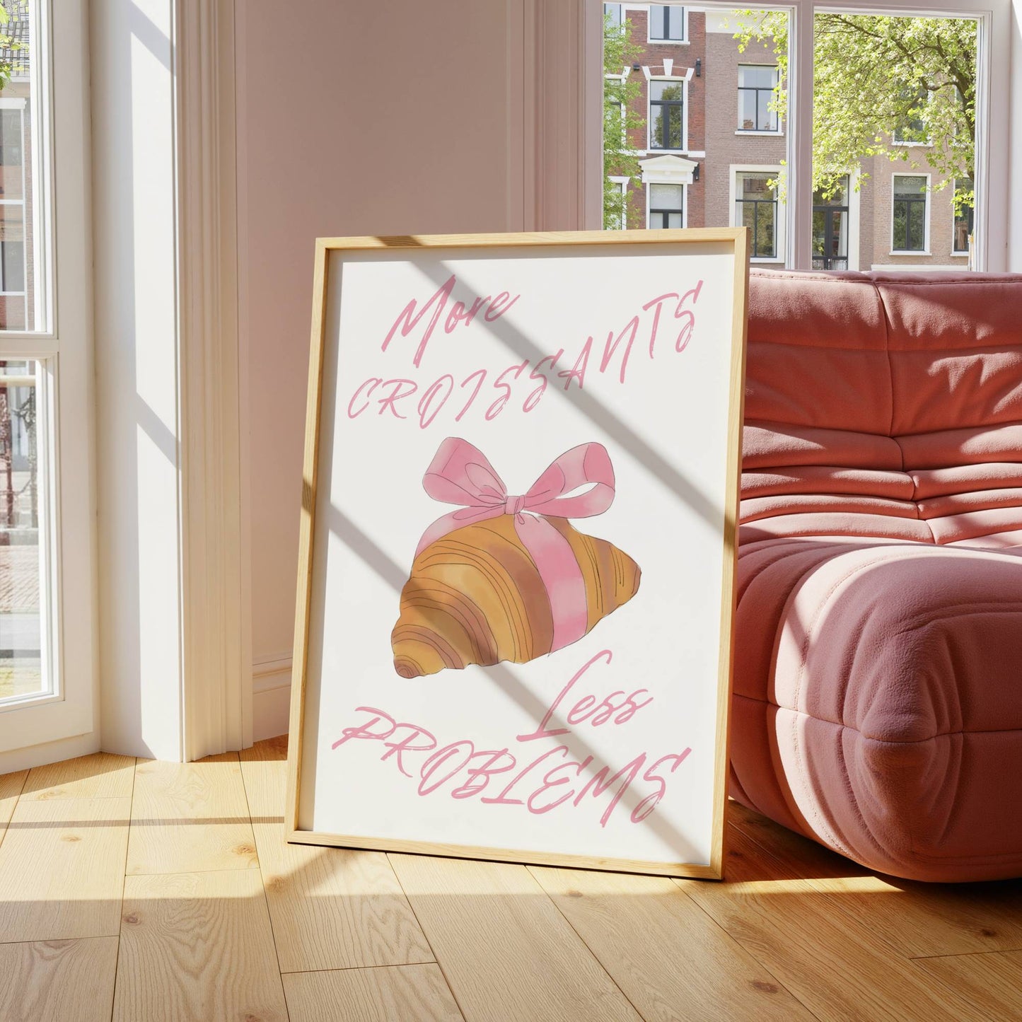 Pink Trendy "More Croissants, Less Problems" Print - Digital Product