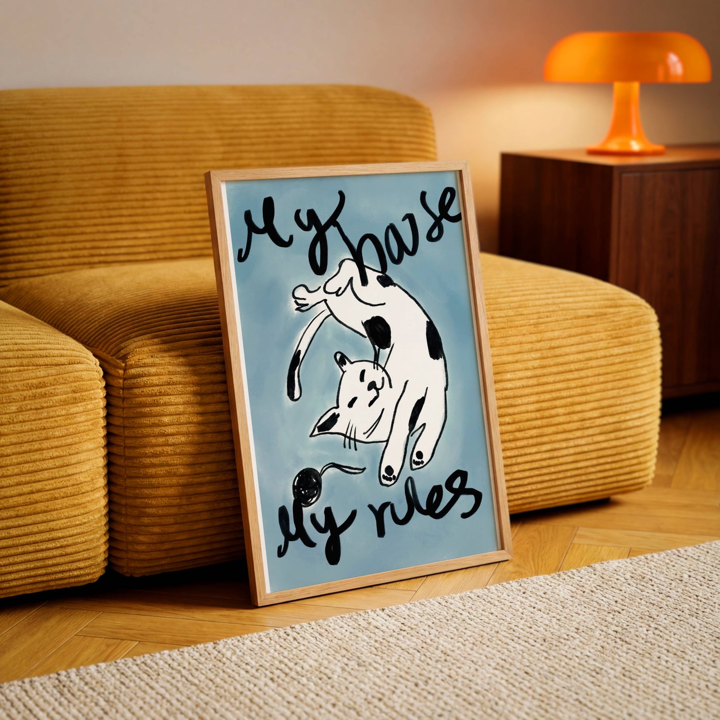 Lounging cat illustration with “My House My Rules” - Digital Product