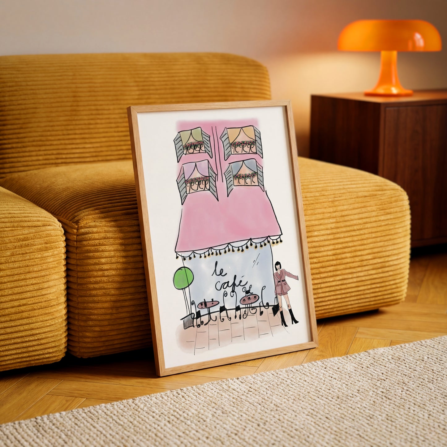 Watercolor Pink French Coffee Shop Sketch Style Print - Digital Product